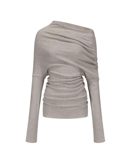 Elwood Gray Asymmetric Draped Off-Shoulder Long-Sleeved T-Shirt