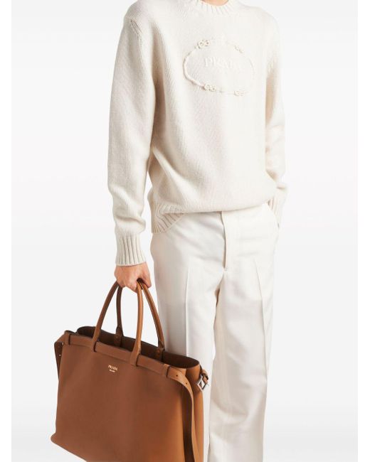 Prada White Logo-embroidered Wool-cashmere Jumper for men