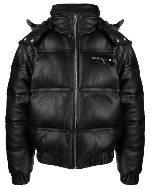 ROMEO HUNTE Black Pebbled-Texture Leather Puffer Jacket