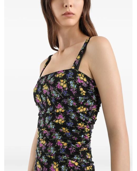 Dolce & Gabbana Black Floral-Pattern Ruched Midi Dress
