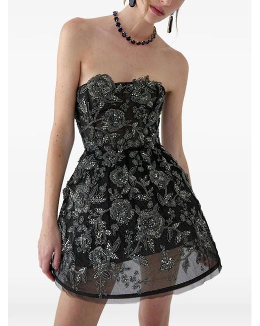 Carolina Herrera Black Strapless Minidress With Pewter Floral Embroidery