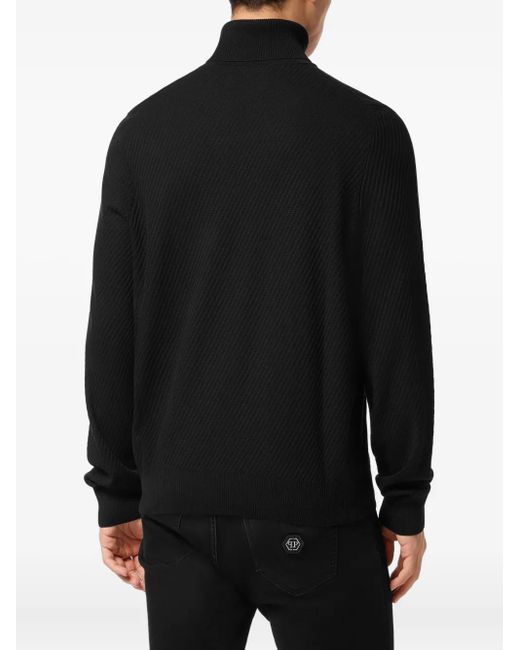 Philipp Plein Black Ribbed Turtle-Neck Sweater for men