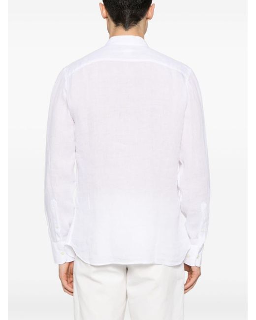 120% Lino White Band-collar Linen Shirt for men