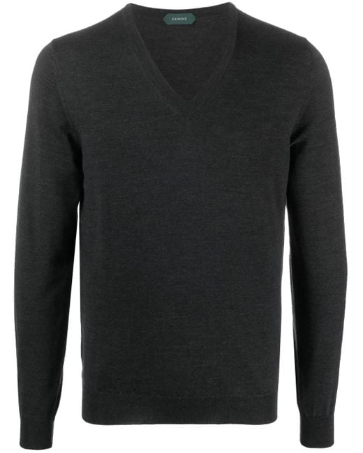 Zanone Black V-Neck Virgin-Wool Jumper for men