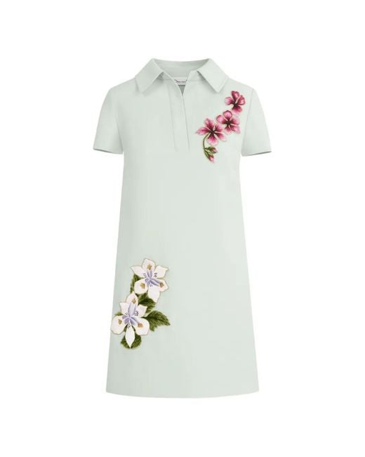 Oscar de la Renta White Dominican Mixed-Floral Threadwork Shift Dress