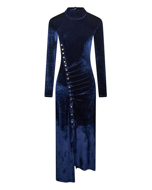 Rabanne Blue Velvet Button-Detail Dress