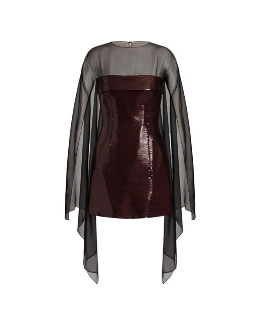 Alberta Ferretti Brown Sequin-Embellished Cape-Overlay Mini Dress