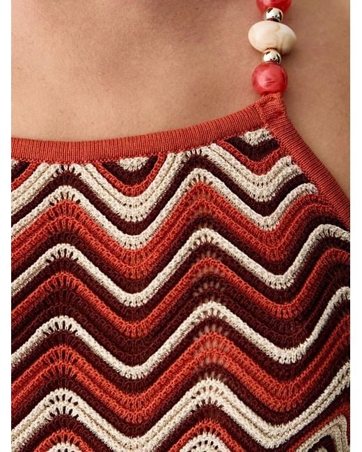 Morgan Red Zigzag-Knit Bead-Embellished Midi Dress