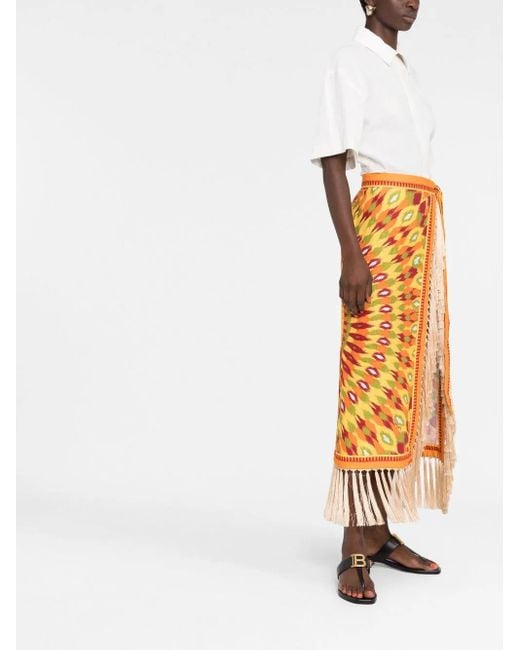 Valentino Garavani Orange Round Rain Print Linen Wrap Skirt