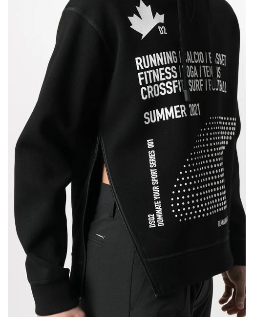 DSquared² Black Zipped Side Slogan Print Hoodie for men