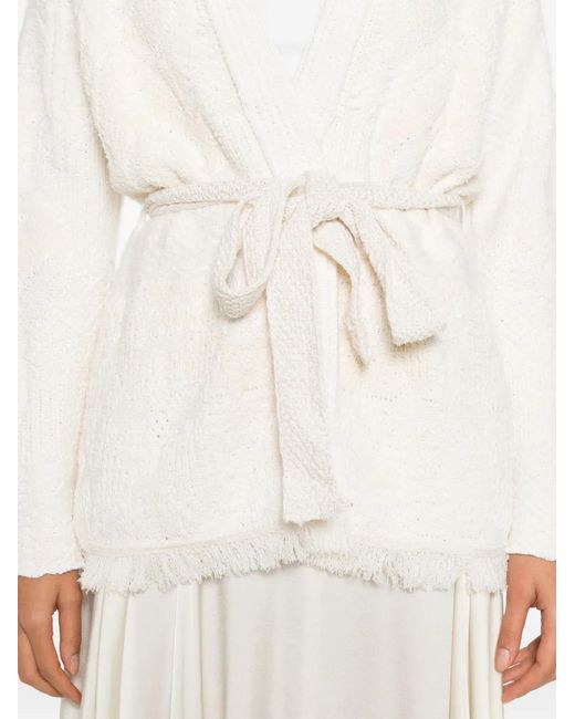 Forte_forte White Fringed Belted Cardigan