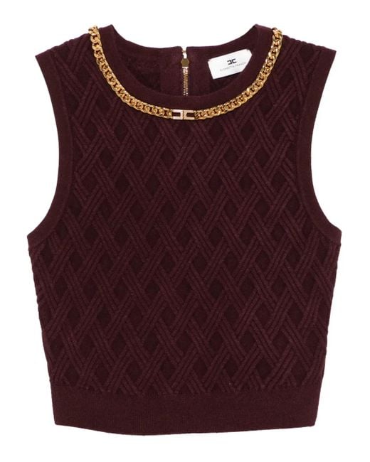 Elisabetta Franchi Red Burgundy Knit Top With Diamond Pattern And Jewel Detail
