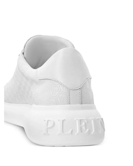Philipp Plein White Monogram-Embossed Leather Sneakers