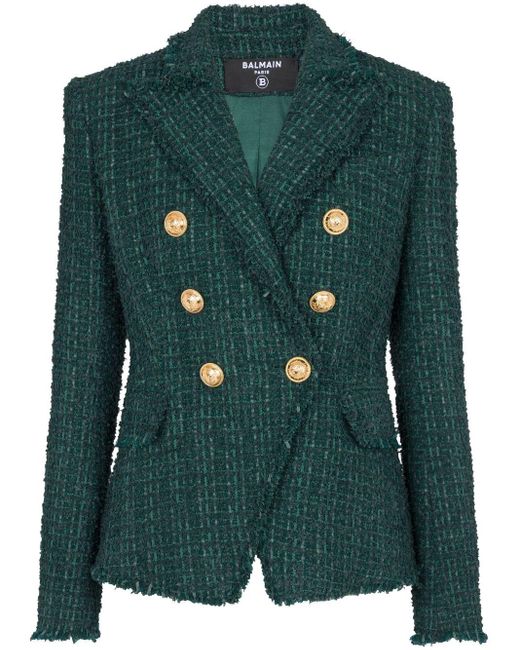 Balmain Green Double-breasted Tweed Jacket