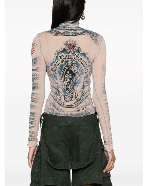 Jean Paul Gaultier Brown Tattoo-print Mesh Top