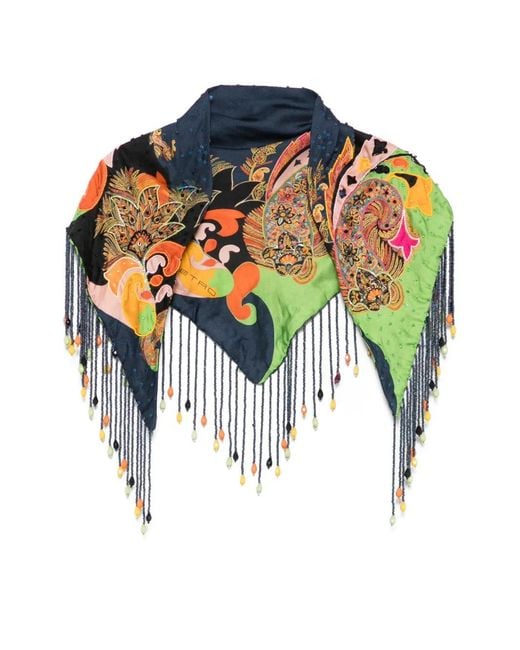 Etro Blue Silk Scarf With Placed Print And Bead-Adorned Fringing