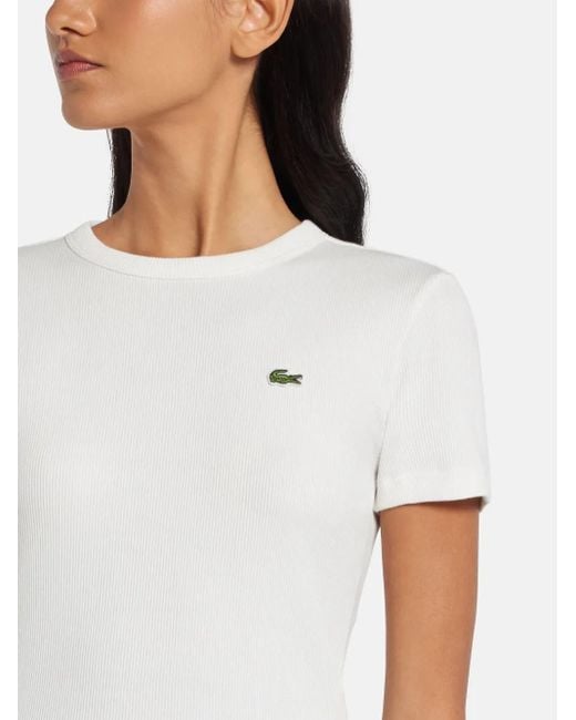 Lacoste White Ribbed Logo-Patch T-Shirt