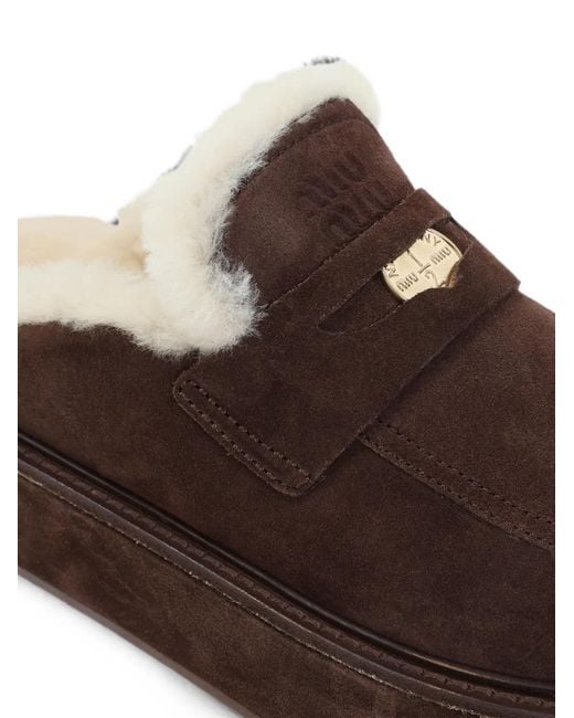Miu Miu Brown Shearling-Lined Platform Mules