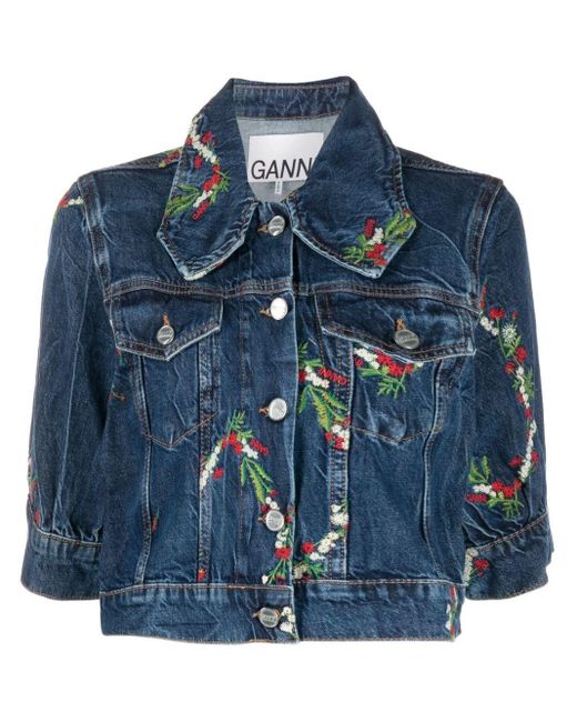 Ganni Floral-embroidered Cropped Denim Jacket in Blue | Lyst