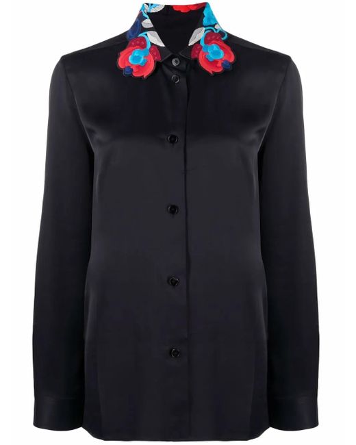 Jil Sander Blue Floral-Embroidered Collar Satin Shirt