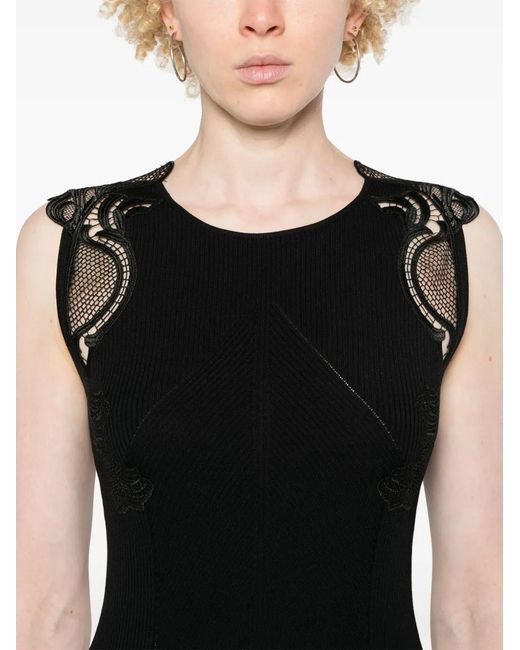 Twinset Black Midi Lace-Detail Ribbed Dress