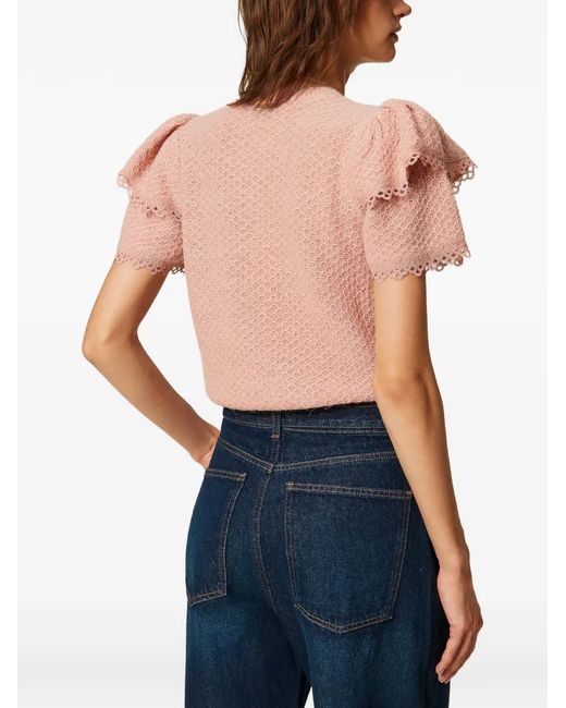 Twinset Pink Crew Neck Jumper With Flounces