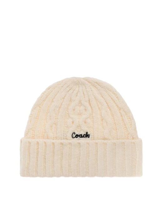 Cable-knit logo-embroidered beanie hat COACH de color Natural