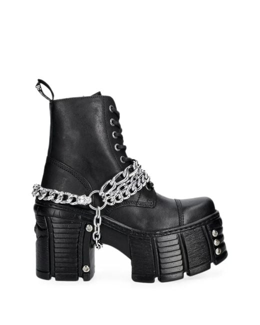 New Rock Black Chain-Detail Platform Boots