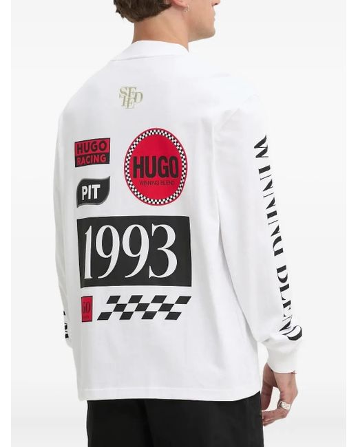 HUGO White Long-Sleeve Racing-Print T-Shirt for men