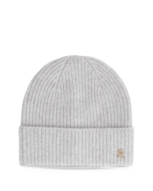 Tommy Hilfiger Gray Ribbed-Knit Logo-Plaque Beanie Hat