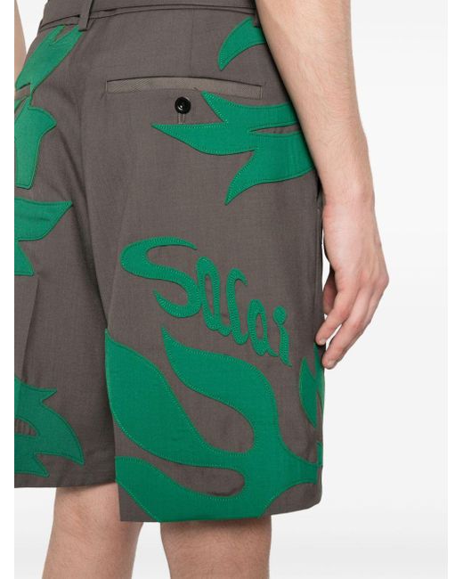 Sacai Green Floral-patches Tailored Shorts for men
