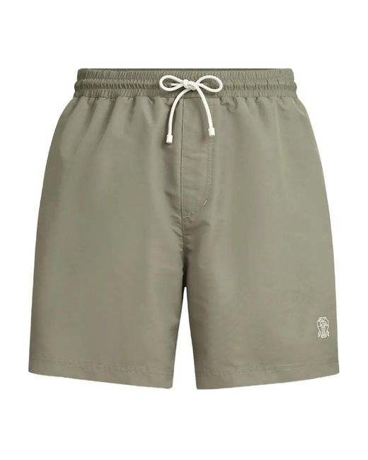 Brunello Cucinelli Green Drawstring Logo Swim Shorts for men
