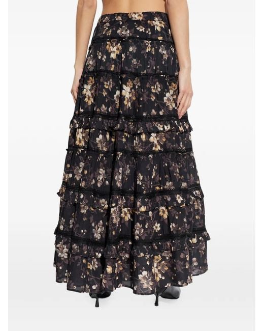 AllSaints Black Ruffled Floral-Print Maxi Skirt