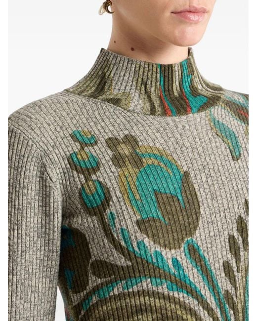 Etro Green Ribbed Turtleneck Sweater With Paisley Print