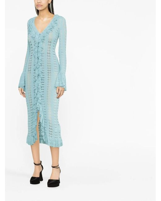 Blumarine Blue Lace-Trimmed V-Neck Midi Dress