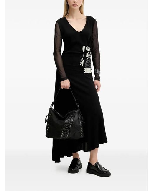 Desigual Black Robe Asymétrique À Imprimé Graphique Et Manches Transparentes