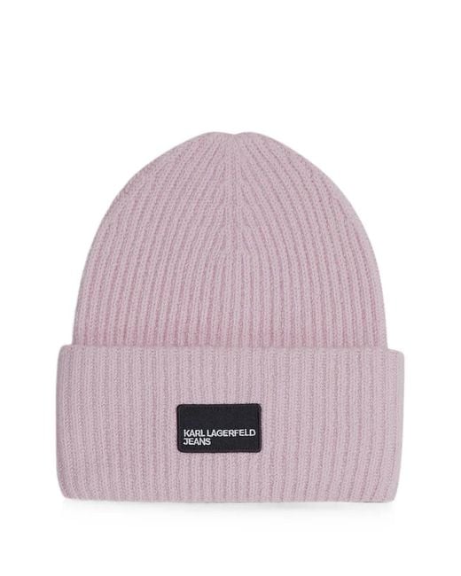 Karl Lagerfeld Pink Logo-Patch Long Beanie