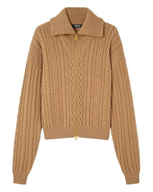 Versace Natural Embroidered Wool Knit Zip Sweater for men