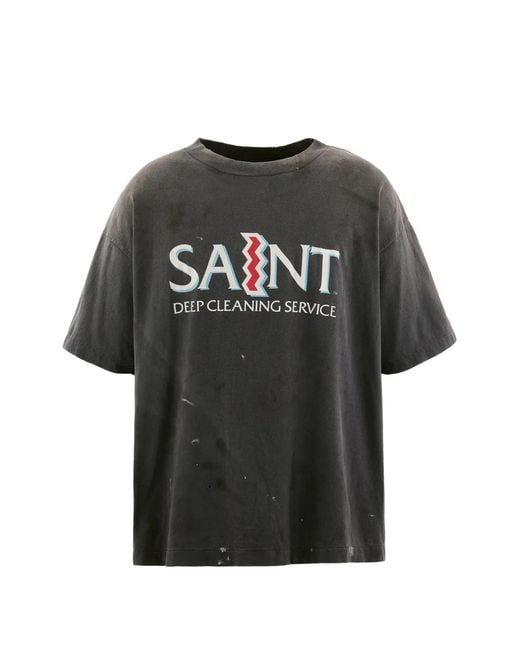SAINT Mxxxxxx Black Graphic-Print Distressed T-Shirt for men