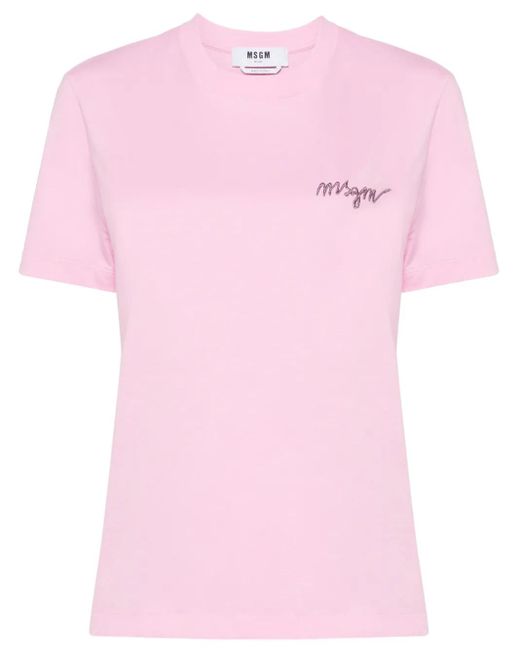MSGM Pink Logo-Embroidered Cotton T-Shirt