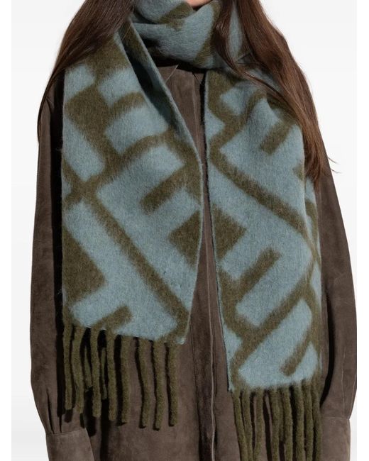 Fendi Green Ff-Pattern Fringed Scarf