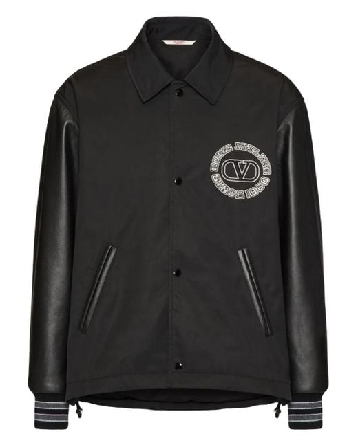 Valentino Garavani Black Nylon Sports Jacket With Leather Sleeves And Patch for men