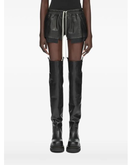 Rick Owens Black Drawstring Layered Leather Shorts