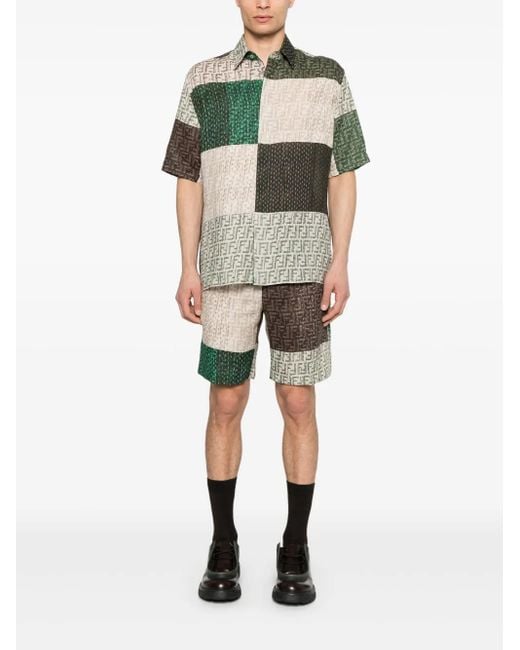Fendi Multicolor Patchwork Pattern Ff Linen Bermudas for men