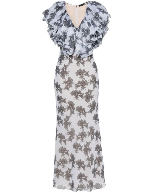 ROTATE BIRGER CHRISTENSEN Gray Floral-print Ruffle-detail Dress