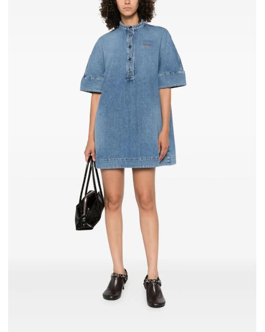 Givenchy Blue Embroidered Button-Placket Mini Dress