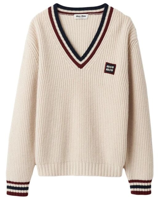 Miu Miu Natural Stripe-Trim Cashmere Jumper