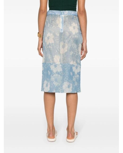 Plan C Blue Floral-print Midi Skirt