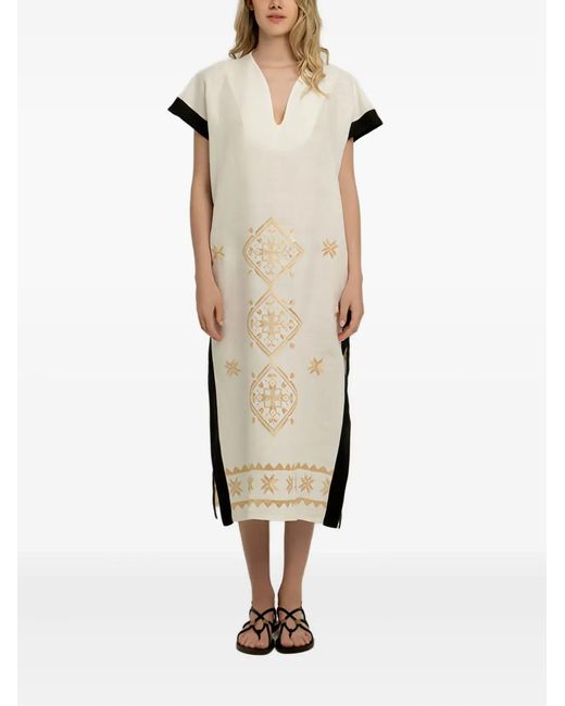 Greek Archaic Kori Natural Geometric Embroidered Midi Dress