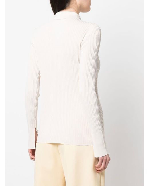 Max Mara White Buttoned-up Ribbed Polo Top